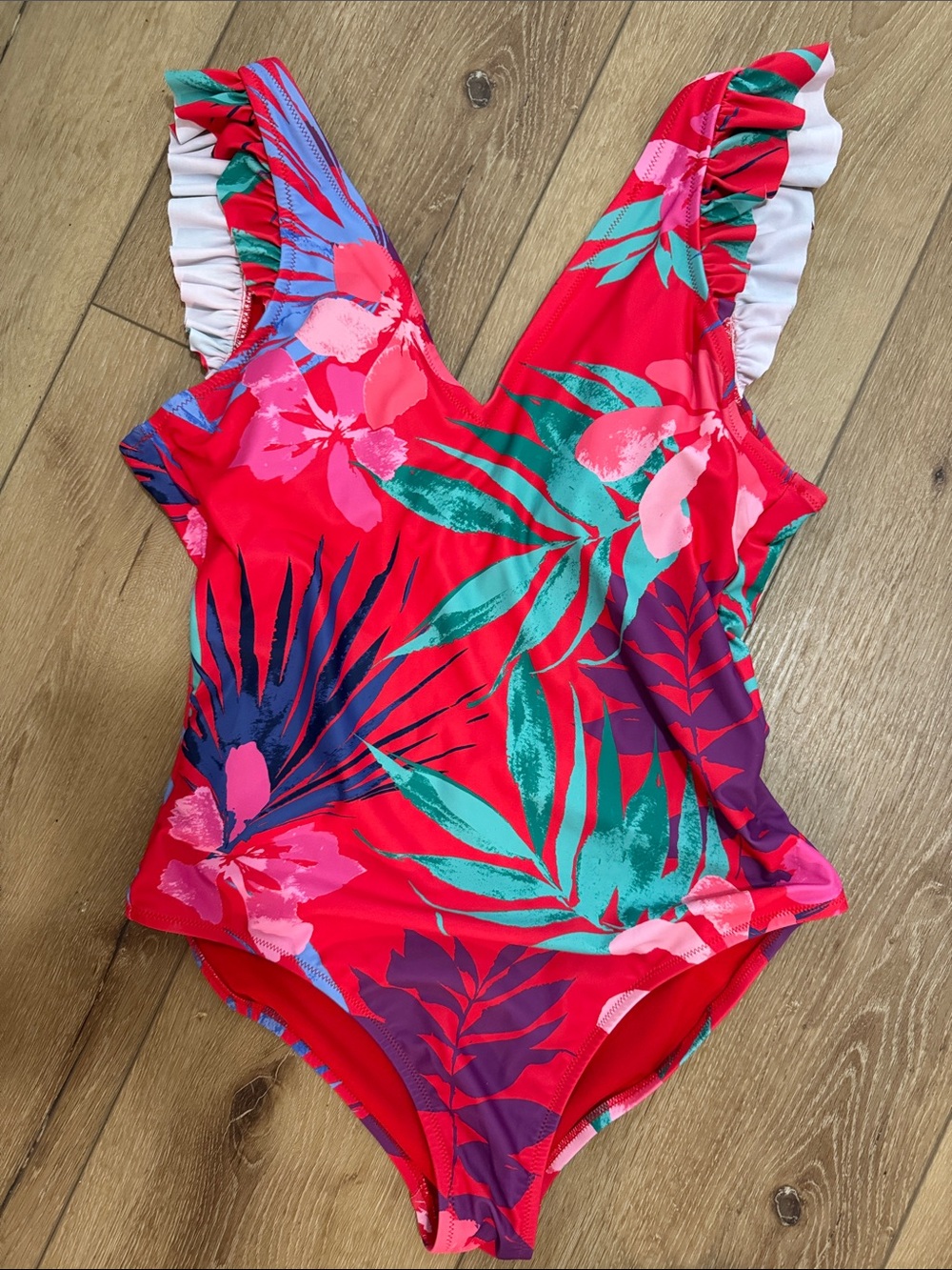 Jessica Simpson Red Floral One-Piece Swimsuit with Teal & Pink Accents